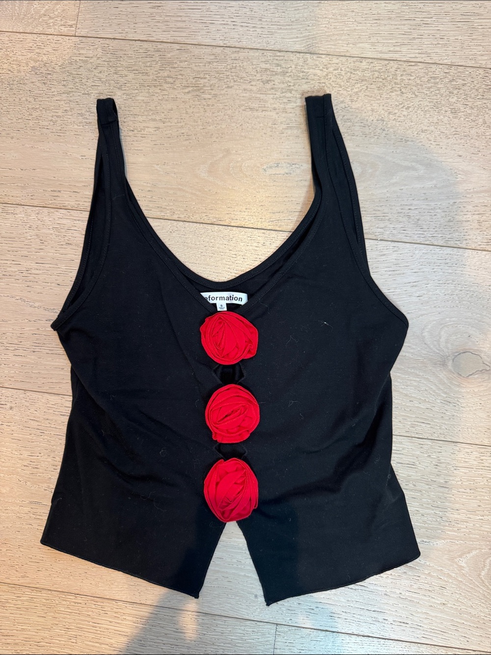 Reformation Black Crop Tank with Red Rosette Details